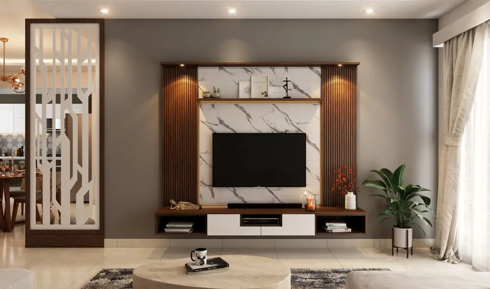 Wall-mounted TV unit with marble panel and wood trim